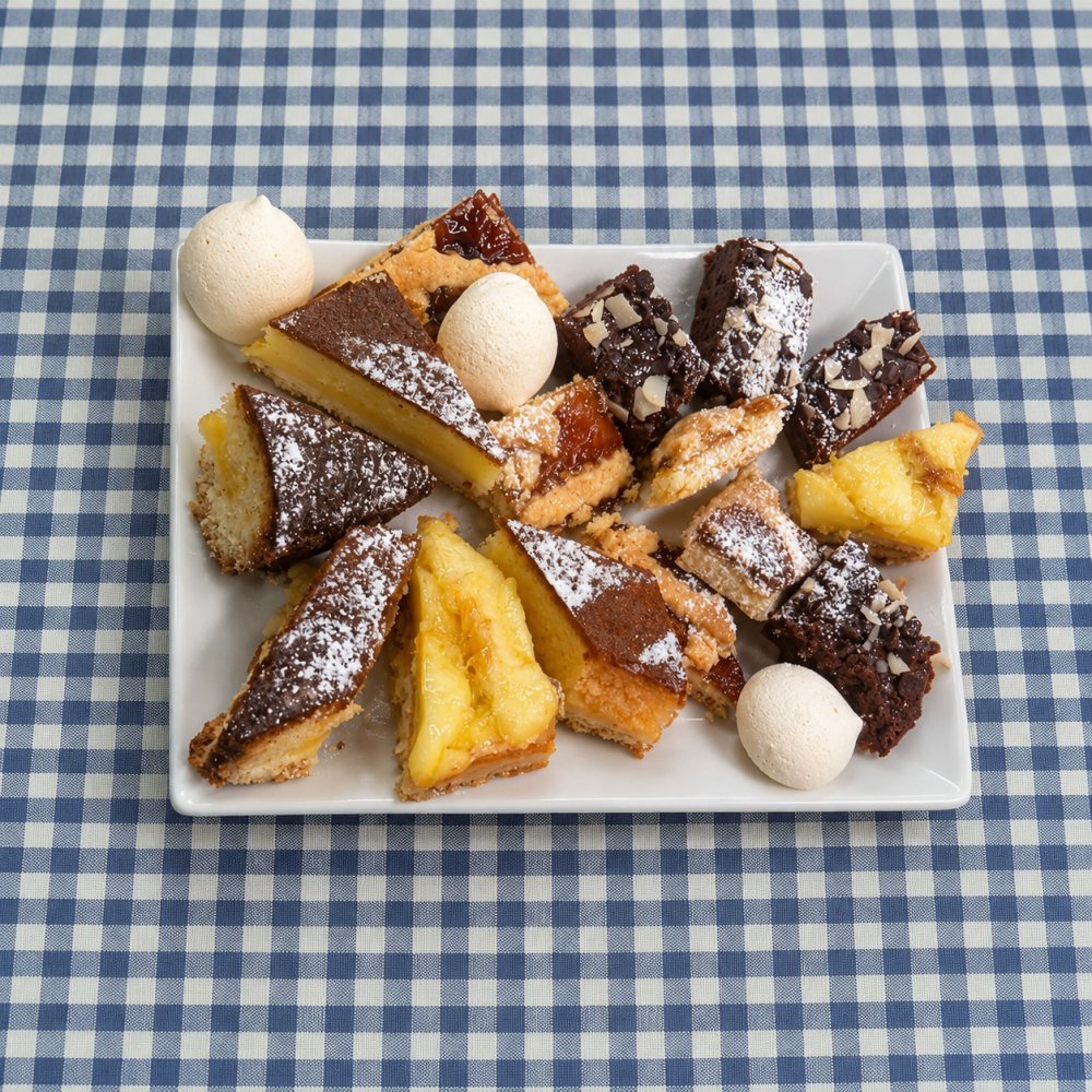 Un vassoio di dolci: crostata, torte a fette, quadrotti al cioccolato e meringhe